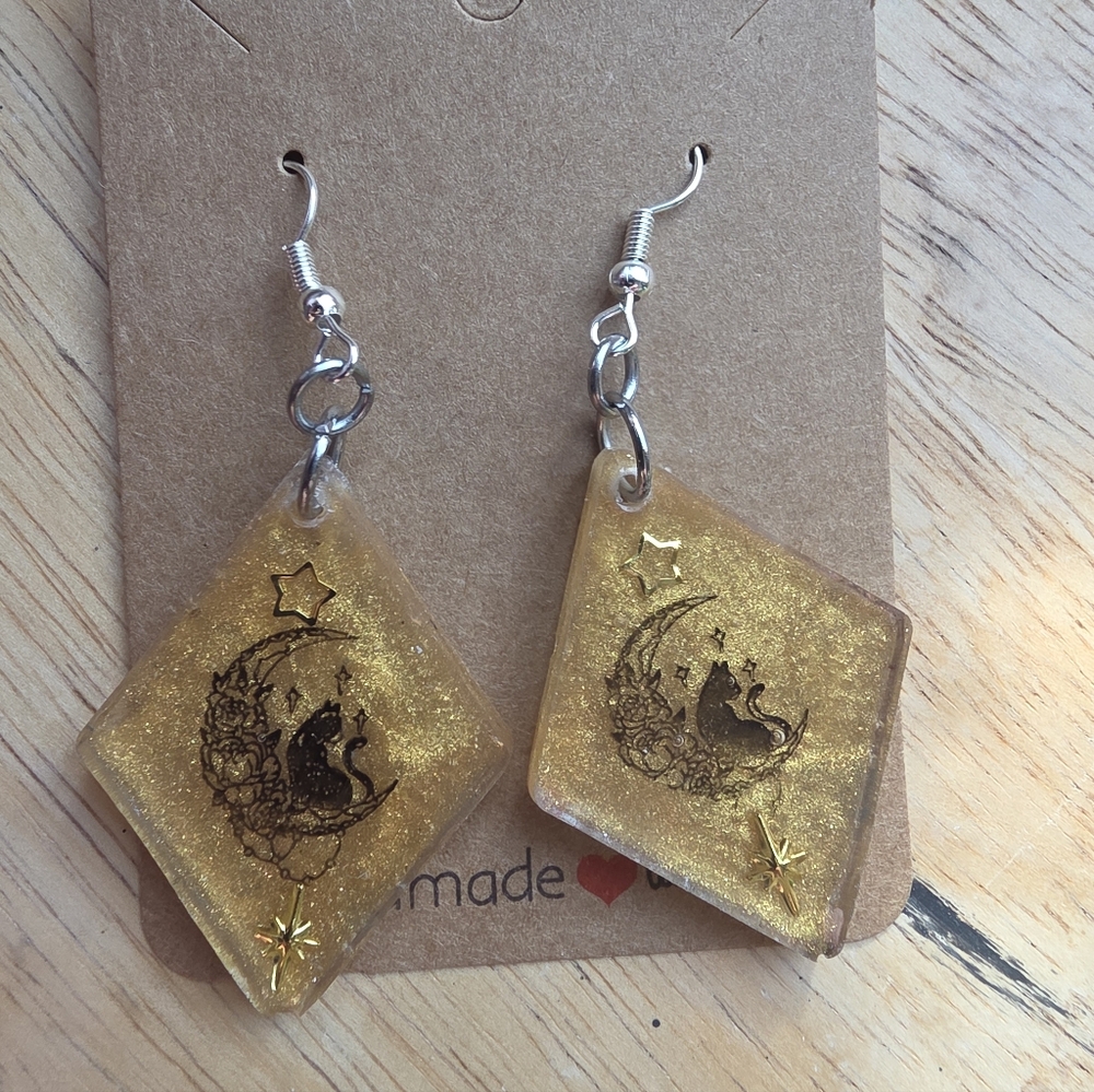 Black Cat On Moon Gold Celtic / Tarot Style Dangle Hook Earrings Stainless Steel